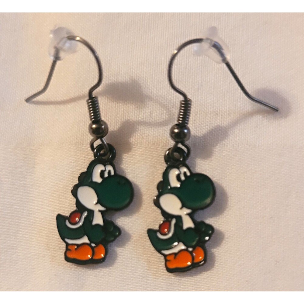 Mario Brothers Inspired Yoshi Dinosaur Dangle/Drop Hook Earrings Enamel Metal